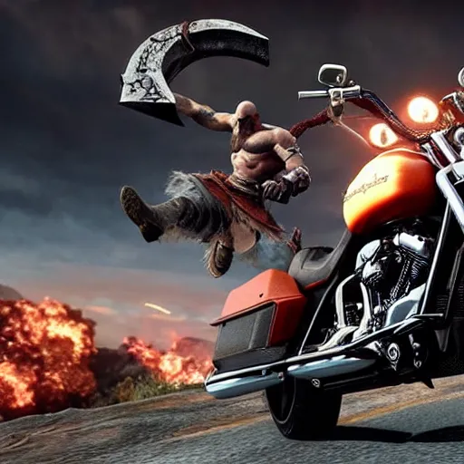 Prompt: kratos, with leviathan axe, jumping a black harley - davidson motorcycle off a cliff, cinematic render, playstation studios official media, god of war 2 0 1 8, harley - davidson