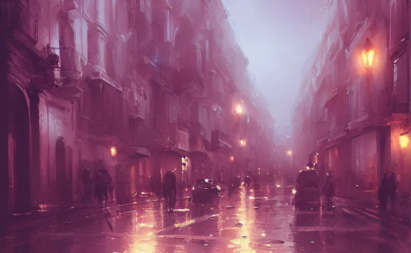 Image similar to Madrid city streets at night, Greg Rutkowski, digital art, artstation