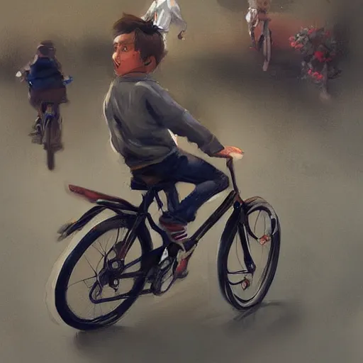 Image similar to Expressive painting of boy riding a bicycle, digital art by Krenz Cushart, trending on artstation