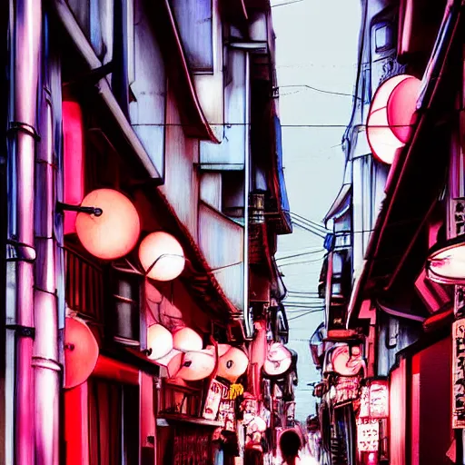 Prompt: japan narrow street with neon signs and a girl with umbrella wearing techwear, digital art, sharp focus, wlop, artgerm, beautiful, award winning, sythwave color style