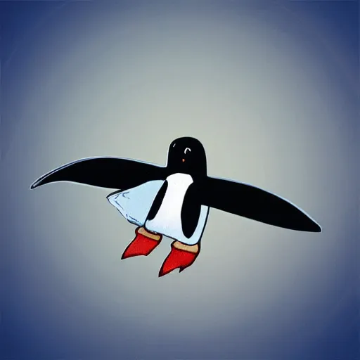 Image similar to “Penguin flying on a rocket, digital art, award winning”