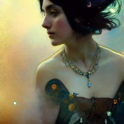 Image similar to a beautiful black haired young lady, adorned with precious stones by jeremy mann and alphonse mucha, photo realistic, dynamic lighting, windy, artstation, poster, dreamy, volumetric lighting, ethereal, 4 k, high detail