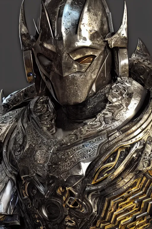 Image similar to hyper realistic glorious ancient celtic batman in a obsidian metal armor, futuristic design, designed by makoto kobayashi and luca zampriolo, portrait, cyberpunk style, wood and gold details, intricate, extremely detailed, ornate, deep of field, hard surface, exoskeleton, substance designer metal