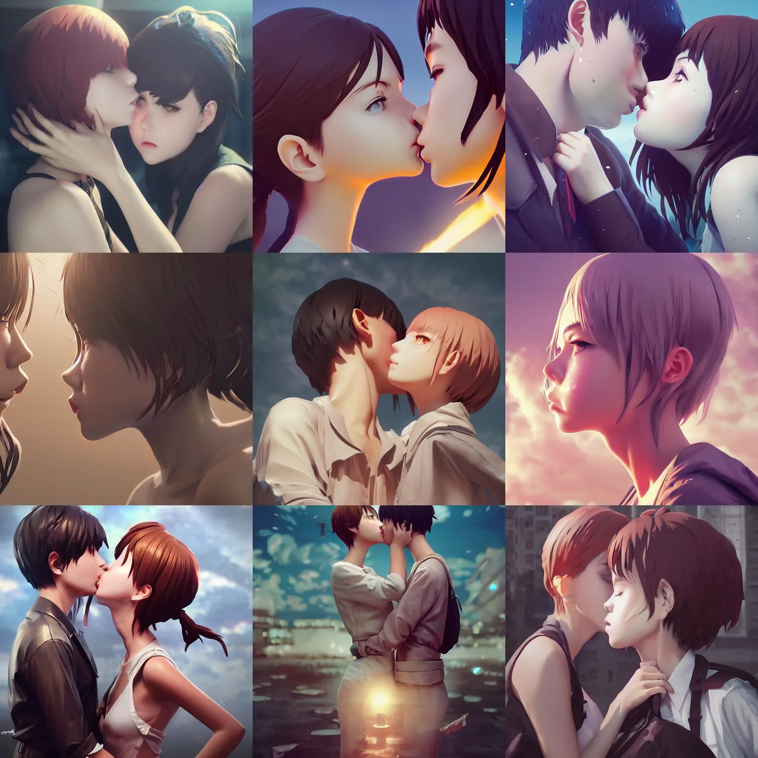 Image similar to worksafe. instagram photo. insanely detailed. by wlop, ilya kuvshinov, krenz cushart, greg rutkowski, pixiv. zbrush sculpt, octane, maya, houdini, vfx. close - up, two anime girls kiss. in luxury advertisement. cinematic dramatic atmosphere, sharp focus, volumetric lighting