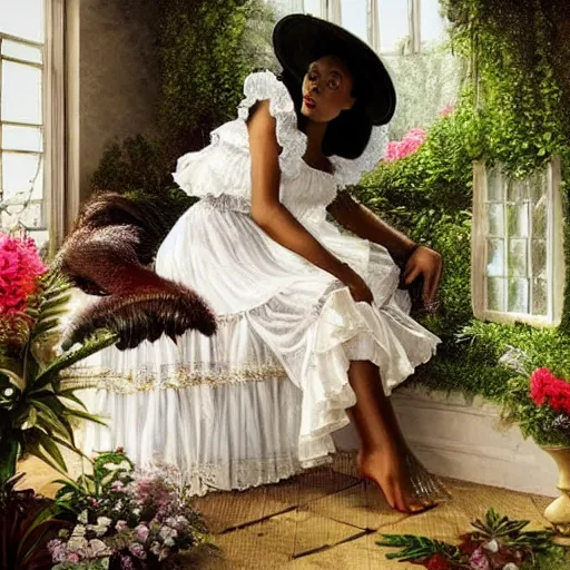 Prompt: fantasy, glow, shimmer, beautiful black victorian woman in a long white frilly lace dress and a large white hat, cow hoof feet, having tea in a sunroom filled with flowers, roses and lush fern flowers ,intricate, night, highly detailed, shows a leg,dramatic lighting