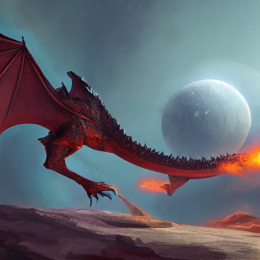 Image similar to dragon on an ancient planet surface, concept art, digital art, 16k resolution. cinematic portrayal, hyper-detail, fine art, super clean and sharp, 35mm wide angle shot.