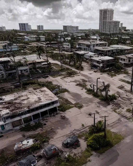 Prompt: wide angle shot of dilapidated fallout 5 miami, tropical coastal city in real life, desolate, dilapidated, empty streets, some rusted retro futuristic vintage styled parked vehicles like cars, buses, trucks, trams, sunny weather, few clouds, volumetric lighting, photorealistic, daytime, spring, sharp focus, ultra detailed,