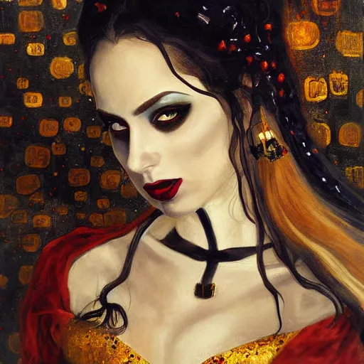 Image similar to A beautiful painting of a lady vampire, steampunk, dracula, soft light, cinematic, klimt