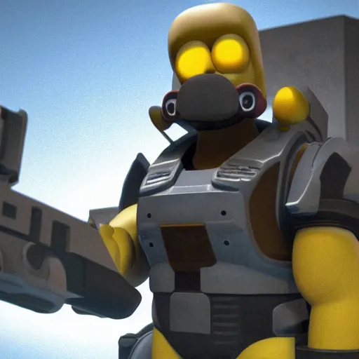 Image similar to a videogame still of Homer Simpson in Halo 3, portrait, 40mm lens, shallow depth of field, close up, split lighting, cinematic