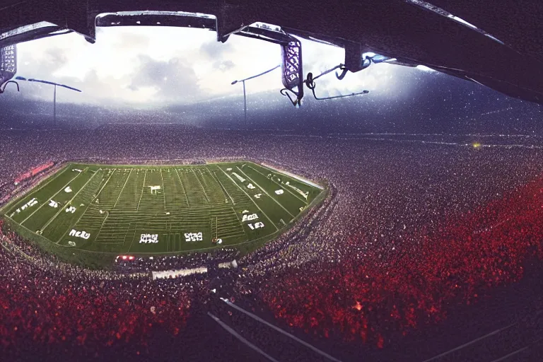 Prompt: detailed intricate digital illustration by greg rutkowski and artgerm and wlop and sanford robinson gifford ; on the field of a modern stadium full of 3 0 0 thousand people, bright stadium lights, night, open roof ; 1 3 mm film, arri alfa anamorphic lens, fisheye wide angle ; sharp focus ; trending on artstation 8 k