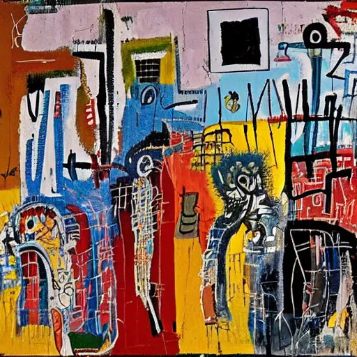Prompt: beautiful Mediterranean old town with lots of flowes by the seaside by Jean-Michel Basquiat