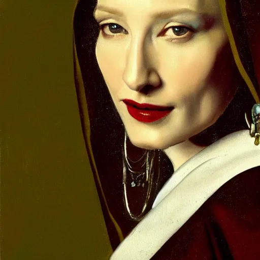 Prompt: portrait of cate blanchett , painting by Vermeer