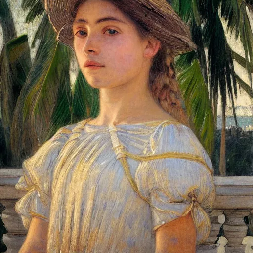 Image similar to a ultradetailed beautiful painting of a girl in the amazonas palace balustrade designed by jules bastien - lepage, tarsila do amaral, frank weston and gustave baumann, beach, trending on artstation, mediterranean, palm trees, hyper detailed face, sharp focus, soft light, 8 k 4 k