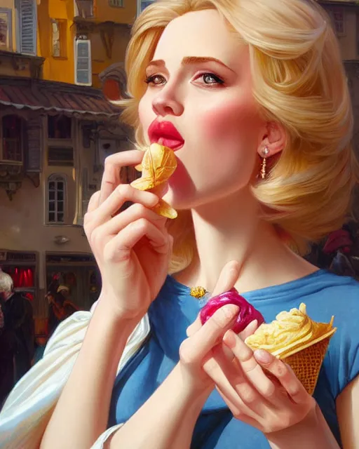 Prompt: Portrait of a  blonde woman and Donald Duck eating ice creams in Porto,real life skin, intricate, elegant, highly detailed, artstation, concept art, smooth, sharp focus, art by artgerm and greg rutkowski and alphonse mucha