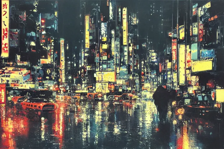 Prompt: tokyo at night, raining, bright lights, painting by John Berkey