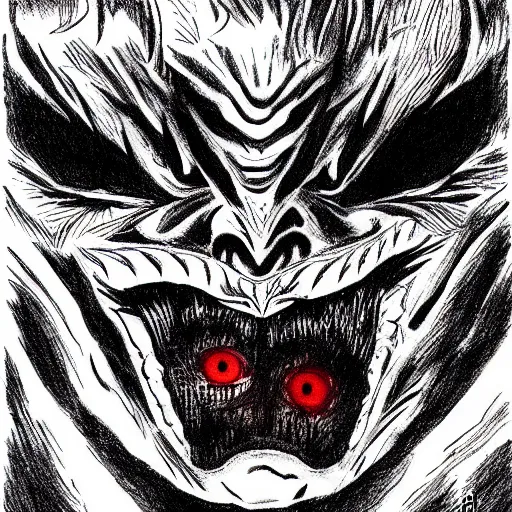 Prompt: a horrifying oni mask drawn by junji ito, scary, demonic, black and white, red eyes