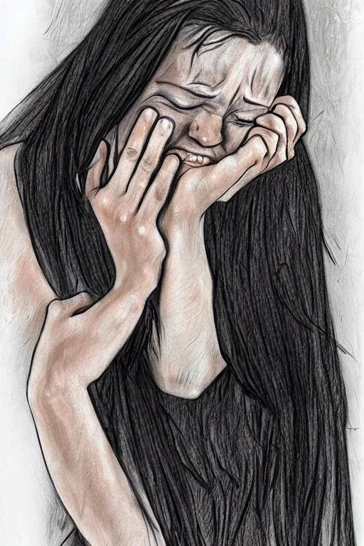 Prompt: woman cryin because toxic relationship, realistic, sketch, colouring and art by jacqueline e