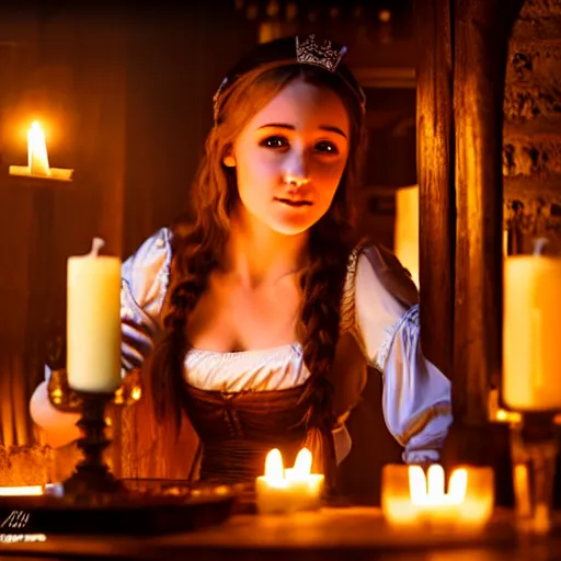 Image similar to young attractive beautiful bar maid in a medieval tavern at night with candles, wow 4 k detail fantasy, matte painting, realistic materials, photo realistic, postprocessing, cinematic, hyperrealistic, studio lighting, photography by richard jenkins