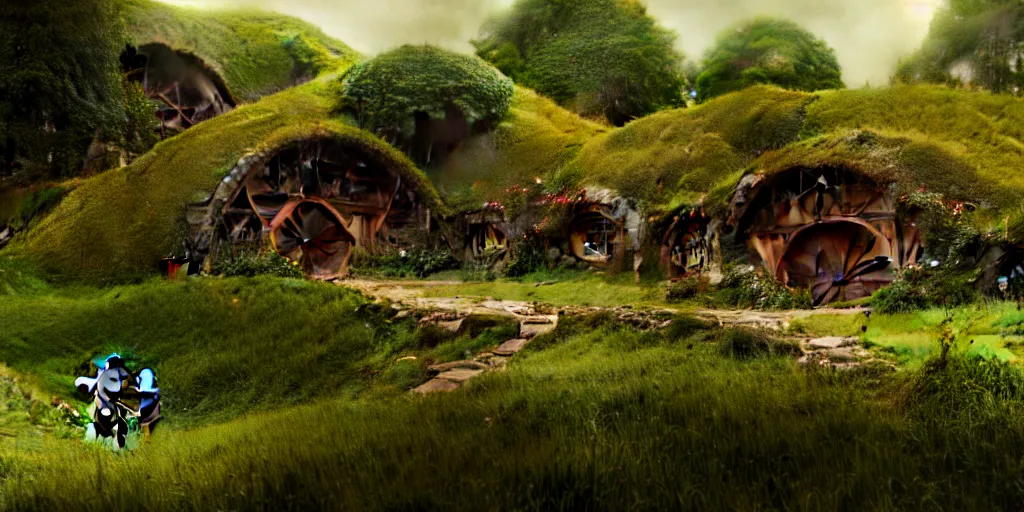 Image similar to the shire. hobbits village, concept art. epic. cinematic. 3 5 mm film. photorealistic, high details, artstation.