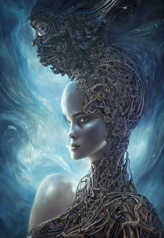 Image similar to epic portrait of menacing and anxious yet stunningly beautiful biomechanical djinn overseeing the iridescent fabric of time and space, by charlie bowater, mandy jurgens, gustav klimt, octane render, dramatic camera angle, 4k, 8k, high detail, HDR, by tom bagshaw, powerful, with inspiration from Beksinski, inspired by greek goddess Athena