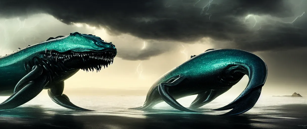 Prompt: a stunning cinematic extreme wide shot of an slick sleek smooth translucent halitrephes maasi sea monster wearing clothes made of seaweed on a dark stormy beach, with huge luminous sad eyes, sharp claws, cgsociety, hd octane render, fantasy, artstation, deviantart, furaffinity, very very clean, super smooth, thunderclouds, thunderstorm