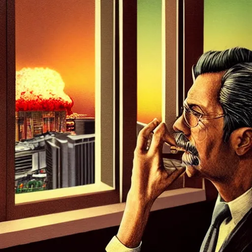 Prompt: Mr. House, realistic, highly detailed face, looks at the nuclear explosion, from the window of the Lucky 38 Casino, man smokes a cigar, holding it in his Hand, hyperdetailed, artstation trending, ultra HD, artstation, photorealism, ultrarealistic, retro, 45mm, elegant,