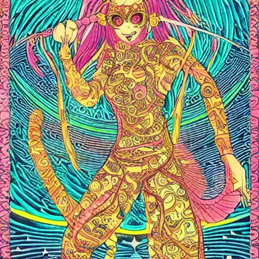 Image similar to hatsune miki, intricate, amazing line work, cosmic, psychedelic, cheerful, colorful, tarot cards, the devil tarot card