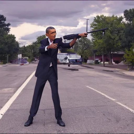 Image similar to angry barack obama shooting and terrorizing people in the hood, 8k resolution, full HD, cinematic lighting, award winning, anatomically correct