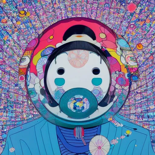 Prompt: a man in the center of the camera walking on clouds away from the camera above kyoto by takashi murakami, beeple and james jean, aya takano color style, 4 k, super detailed, modern, 4 k, symmetrical