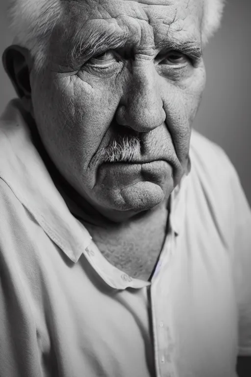 Image similar to portrait of a heavy old man with shaved face and white hair. he has a sad look in his eyes. studio lighting