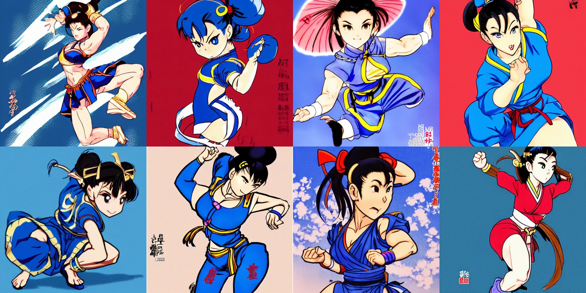 Prompt: chun - li, in a blue qipao, standing, doing a kick, fighting stance, speed lines, street fighter, chibi style, manga, anime, by clamp and akira yasuda