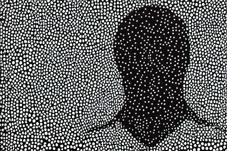 Image similar to anxiety, faceless people dark, dots abstract, dripping, stipple, pointillism, technical, abstract, minimal, style of francis bacon, asymmetry, pulled apart, stretch, cloak, eerie, made of dots, abstraction chemicals, balaclava mask, colored dots, sploch