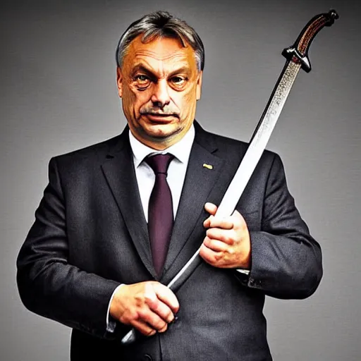 Image similar to Viktor orban holding a sword, photo, high detail, high quality,