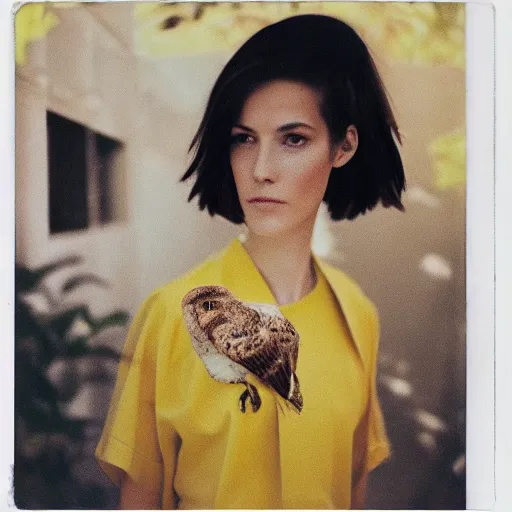 Prompt: head to shoulder portrait Polaroid film photograph of an elegant top model wearing a yellow kimono with a very detailed barn owl on her shoulder!!! in a tropical greenhouse. looking at the camera!!. super resolution. Polaroid 600 film. art by Alessio albi and john william waterhouse and John Singer Sargent.