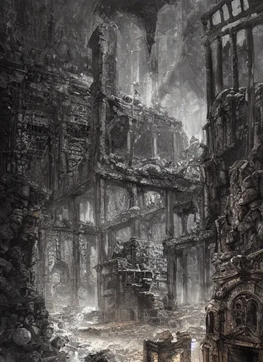 Prompt: ruins in hell, oil painting by tomasz jedruszek, cinematic lighting, pen and ink, intricate line, hd, 4 k, million of likes, trending on artstation