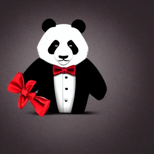 Image similar to a portrait of a panda wearing a black suit with a white shirt and red bow tie, black background