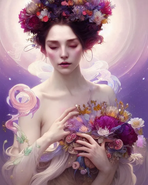 Image similar to Full View ultrarealistic Portrait ethereal fantasy deity wearing beautiful gown, flowers, spirituality, 4k digital masterpiece by Anna Dittman and Alberto Seveso Ruan Jia, rossdraws, artgerm and greg rutkowski and alphonse mucha and loish and WLOP, fantasycore, Hyperdetailed, realistic digital painting, soft lighting, featured on Artstation