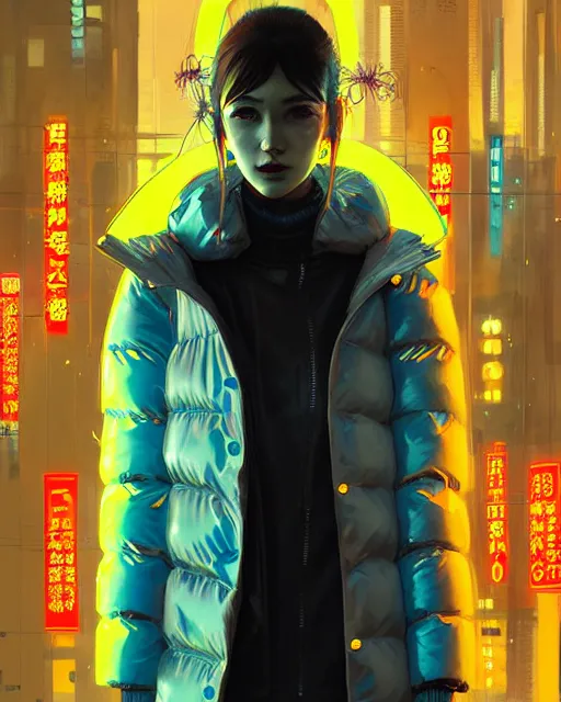 Image similar to detailed portrait Neon Business Girl, cyberpunk futuristic neon, reflective puffy coat, decorated with traditional Japanese ornaments by Ismail inceoglu dragan bibin hans thoma greg rutkowski Alexandros Pyromallis Nekro Rene Maritte Illustrated, Perfect face, fine details, realistic shaded, fine-face, pretty face