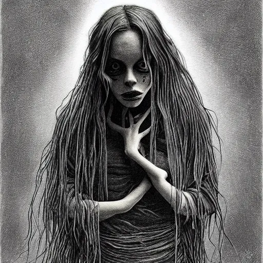 Image similar to grunge drawing of billie eilish by - Zdzisław Beksiński , corpse bride style, horror themed, detailed, elegant, intricate