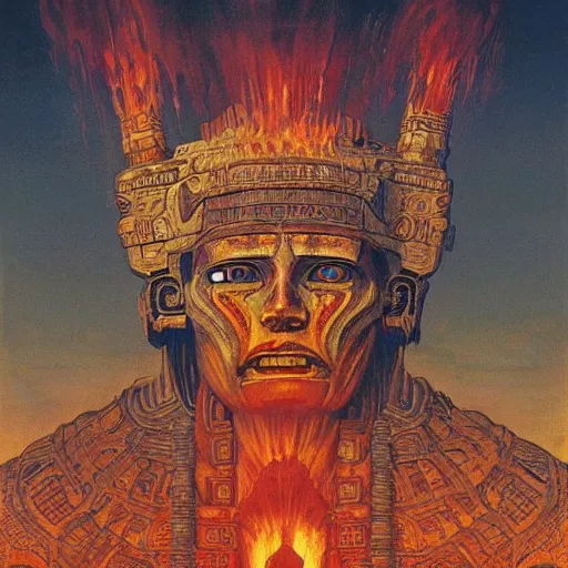 Image similar to giant mayan joe biden with flaming eyes standing over city, perfectly clear face, by j. c. leyendecker and beksinski