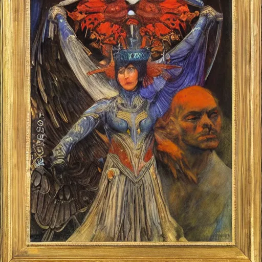 Image similar to war between the crow crown and the house of moths, by Annie Swynnerton and Diego Rivera, symbolist, dramatic lighting, elaborate geometric ornament, god rays, rich colors,smooth, sharp focus, extremely detailed