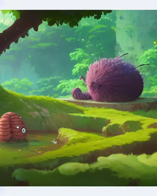 Image similar to a giant hairy caterpillar taking a bath in a spring with lush vegetation around, cory loftis, james gilleard, atey ghailan, makoto shinkai, goro fujita, character art, rim light, exquisite lighting, clear focus, very coherent, plain background, soft painting