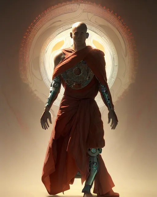 Image similar to a cyborg warrior monk praying, wearing a flowing cloak, cyborg hardware, 3 d render, octane, zbrush, painting, artstation, concept art, smooth, sharp focus, illustration, art by artgerm and greg rutkowski and alphonse mucha