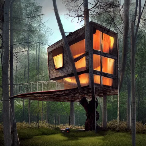 Prompt: a tree house built with glass, mysterious, sinister, trendy in artstation, hdr