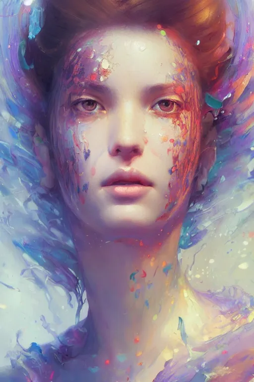 Prompt: face closeup of beautiful girl in intricate detailed color smashing fluid oilpaint, 3 d render, hyper realistic detailed portrait, color leaves, ruan jia, wlop. scifi, fantasy, hyper detailed, octane render, concept art, by peter mohrbacher, by wlop, by ruan jia