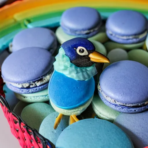 Image similar to A photograph of a (photorealistic blue jay) standing on a large basket of rainbow macarons.