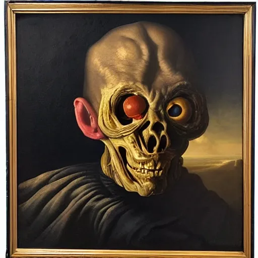 Image similar to refined gorgeous blended oil painting with black background by christian rex van minnen rachel ruysch dali todd schorr of a chiaroscuro portrait of an extremely bizarre disturbing mutated man with shiny skin acne intense chiaroscuro cast shadows obscuring features dramatic lighting perfect composition masterpiece