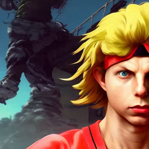 Image similar to michael cera as ken masters street fighter, ultra realistic, concept art, intricate details, highly detailed, photorealistic, octane render, 8 k, unreal engine, art by frank frazetta, simon bisley, brom