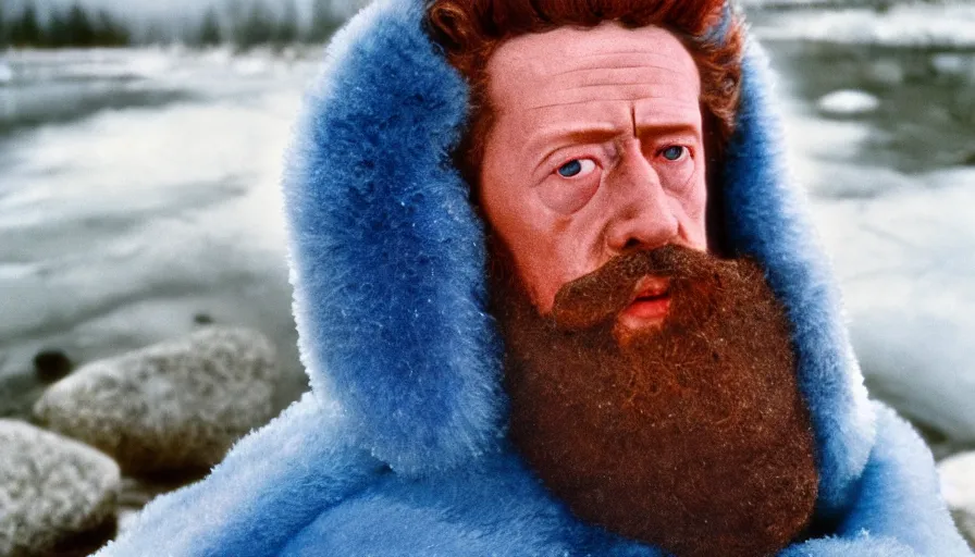 Prompt: 1 9 6 0 s movie still close up of marcus aurelius frozen to death in a blue cape with fur in a river with gravel pebbles, pine forests, cinestill 8 0 0 t 3 5 mm, high quality, heavy grain, high detail, texture, dramatic light, anamorphic, hyperrealistic, detailed hair