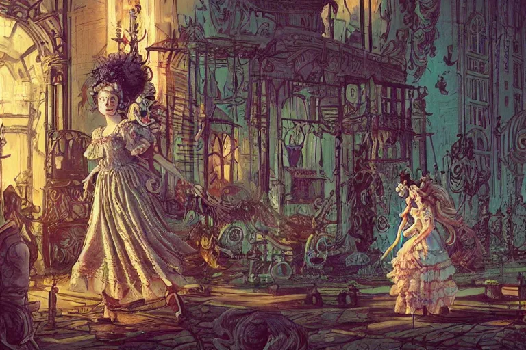 Image similar to Marie antoinette in a rococo dress as shaman dancing in with spirits in ornate cyberpunk city street, 2am, by Chiara Bautisya, blade runner, in style of Laurie Greasley, Jen Bartel, Background by Tarmo Juhola, kowloon, cinematography Roger Deakins,